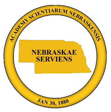 NAS Logo, reads academy scientiarum nebraskensis Jan 30, 1880 within yellow circle surrounding yellow state of nebraska with nebraskae serviens typed inside 